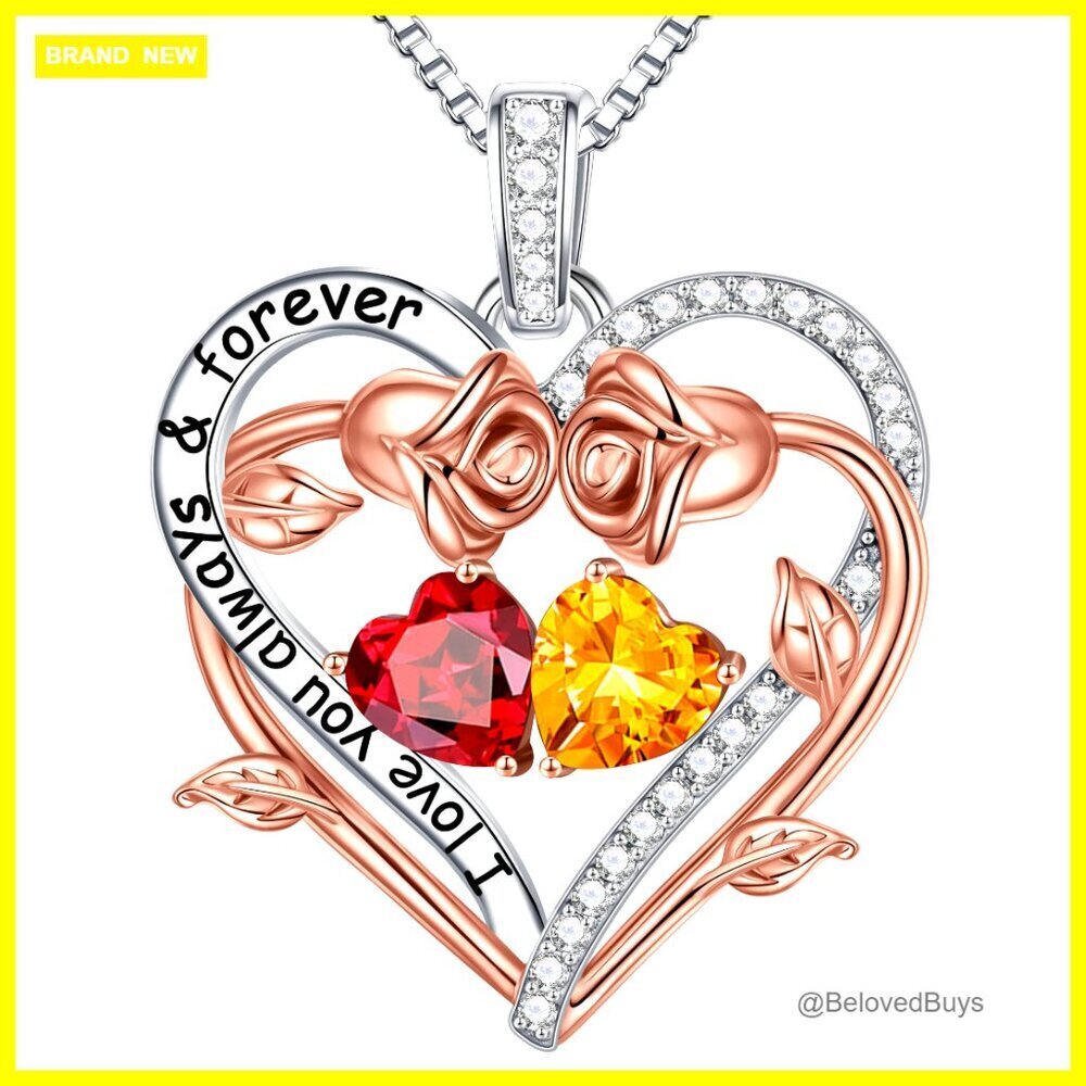 Sterling Silver Double Heart Birthstone Necklace Gift for Women
